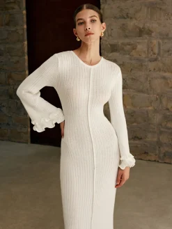 COMMENSE Piping Ruffle Drawstring Knit Dress* White Dresses|Black Dresses