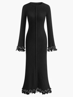 COMMENSE Piping Ruffle Drawstring Knit Dress* White Dresses|Black Dresses