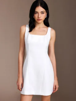 COMMENSE Piping Zipper Solid Short Dress* White Dresses|Work Dresses