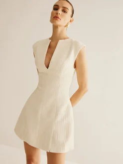 COMMENSE Piping Zipper Tweed Short Dress* White Dresses|Black Dresses