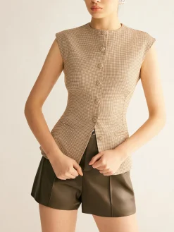 COMMENSE Plaid Button Down Slim Vest* Blouses & Shirts|Vests