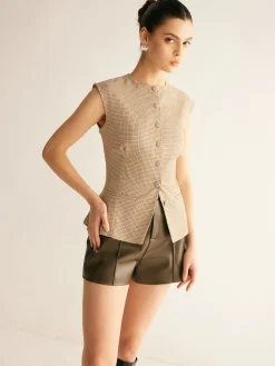 COMMENSE Plaid Button Down Slim Vest* Blouses & Shirts|Vests