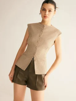 COMMENSE Plaid Button Down Slim Vest* Blouses & Shirts|Vests