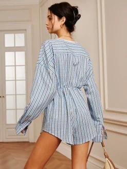 COMMENSE Plaid Button Pleated Jumpsuit* Long Sleeve Sets|Jumpsuits & Rompers