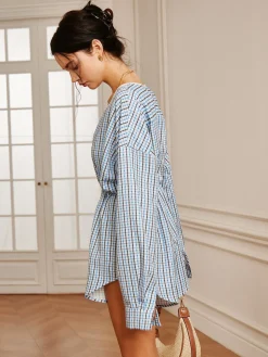 COMMENSE Plaid Button Pleated Jumpsuit* Long Sleeve Sets|Jumpsuits & Rompers