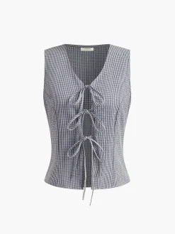 COMMENSE Plaid Knotted V-Neck Tank Top* Tank Tops & Camis|Tops