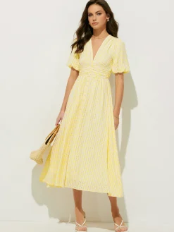 COMMENSE Plaid Pattern Puff Sleeve V-Neck Midi Dress* Cocktail & Party Dresses|Vacation Dresses