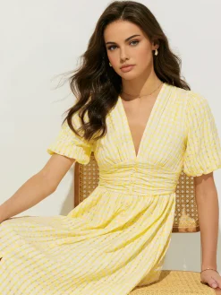 COMMENSE Plaid Pattern Puff Sleeve V-Neck Midi Dress* Cocktail & Party Dresses|Vacation Dresses
