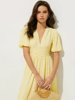 COMMENSE Plaid Pattern Puff Sleeve V-Neck Midi Dress* Cocktail & Party Dresses|Vacation Dresses