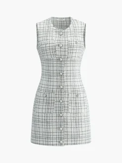 COMMENSE Plaid Print Pearl Button Sleeveless Short Dress* White Dresses|Casual Dresses