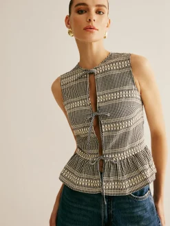 COMMENSE Plaid Tie Front Ruffle Tank Top* Tank Tops & Camis|Tops