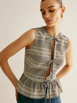 COMMENSE Plaid Tie Front Ruffle Tank Top* Tank Tops & Camis|Tops