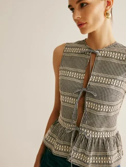 COMMENSE Plaid Tie Front Ruffle Tank Top* Tank Tops & Camis|Tops