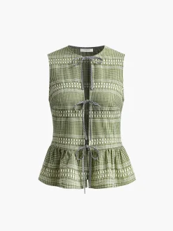 COMMENSE Plaid Tie Front Ruffle Tank Top* Tank Tops & Camis|Tops