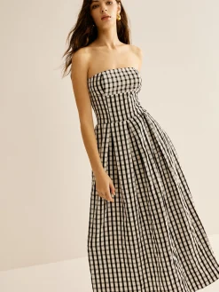 COMMENSE Plaid Tube Long Dress* White Dresses|Casual Dresses