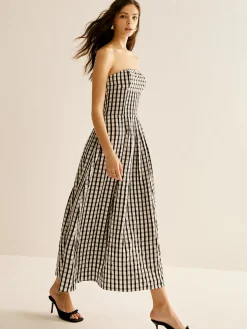 COMMENSE Plaid Tube Long Dress* White Dresses|Casual Dresses