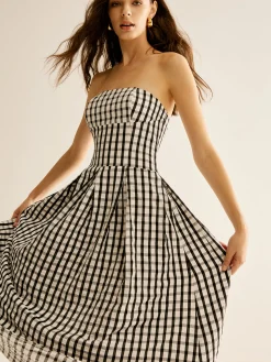 COMMENSE Plaid Tube Long Dress* White Dresses|Casual Dresses