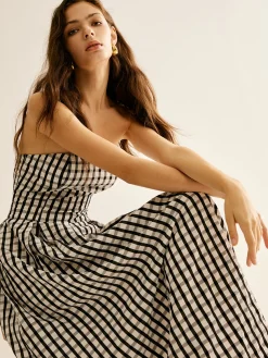 COMMENSE Plaid Tube Long Dress* White Dresses|Casual Dresses