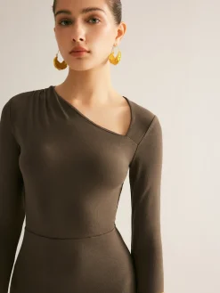 COMMENSE Plain Asymmetrical Neck Long Dress* Casual Dresses|Long Dresses
