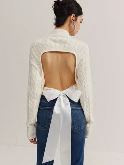 COMMENSE Plain Backless Bow Knit Top* Sweater Tops|Sweaters & Cardigans