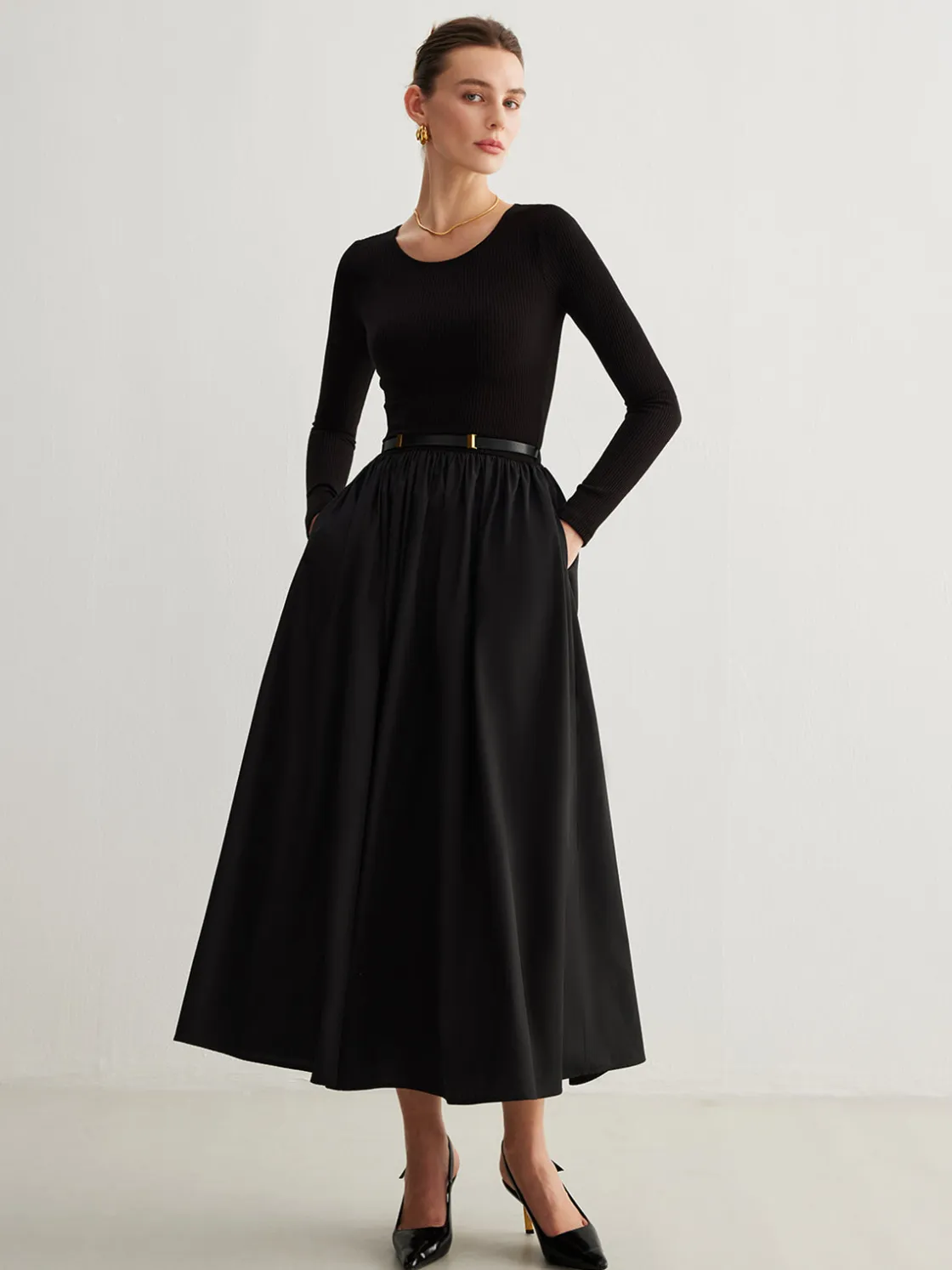 COMMENSE Plain Belted Pleated Panel Dress* Black Dresses|Casual Dresses