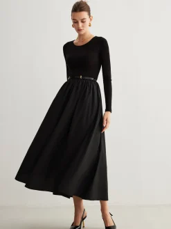 COMMENSE Plain Belted Pleated Panel Dress* Black Dresses|Casual Dresses