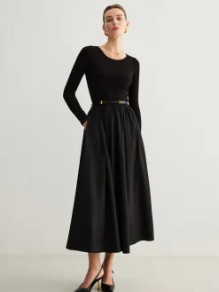 COMMENSE Plain Belted Pleated Panel Dress* Black Dresses|Casual Dresses
