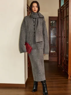 COMMENSE Plain Button Sweater Skirt Set With Scarf* Skirt Sets|Long Sleeve Sets