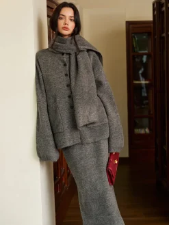 COMMENSE Plain Button Sweater Skirt Set With Scarf* Skirt Sets|Long Sleeve Sets