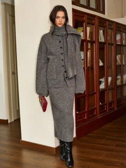 COMMENSE Plain Button Sweater Skirt Set With Scarf* Skirt Sets|Long Sleeve Sets