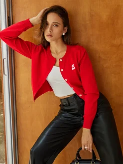 COMMENSE Plain Cherry Embroidery Cardigan* Cardigans|Sweaters & Cardigans