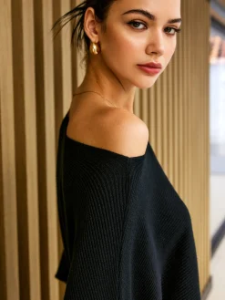 COMMENSE Plain Cold Shoulder Loose Sweater* Sweater Tops|Sweaters & Cardigans