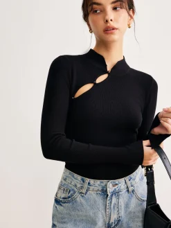 COMMENSE Plain Cutout Skinny Sweater* Sweater Tops|Sweaters & Cardigans