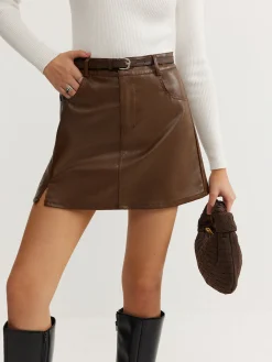 COMMENSE Plain Faux Leather Belted Skirt* Skirts|Bottoms