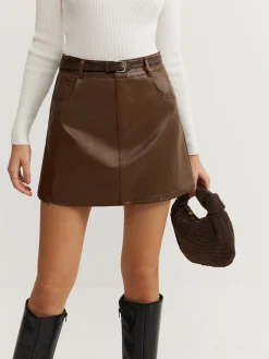 COMMENSE Plain Faux Leather Belted Skirt* Skirts|Bottoms
