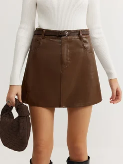 COMMENSE Plain Faux Leather Belted Skirt* Skirts|Bottoms