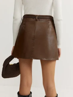 COMMENSE Plain Faux Leather Belted Skirt* Skirts|Bottoms