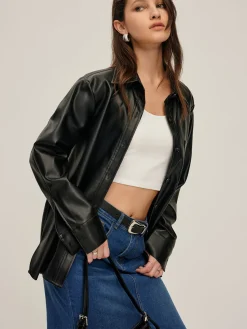 COMMENSE Plain Faux Leather Lapel Shirt* Blouses & Shirts|Tops