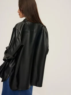 COMMENSE Plain Faux Leather Lapel Shirt* Blouses & Shirts|Tops