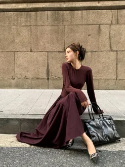 COMMENSE Plain Long Sleeve Pleated Dress* Casual Dresses|Work Dresses