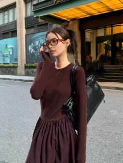 COMMENSE Plain Long Sleeve Pleated Dress* Casual Dresses|Work Dresses