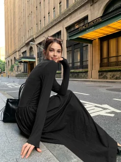 COMMENSE Plain Long Sleeve Pleated Dress* Casual Dresses|Work Dresses