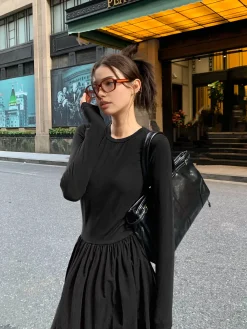 COMMENSE Plain Long Sleeve Pleated Dress* Casual Dresses|Work Dresses