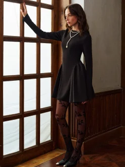 COMMENSE Plain Long Sleeve Pleated Short Dress* Dresses