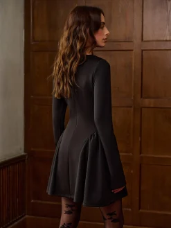 COMMENSE Plain Long Sleeve Pleated Short Dress* Dresses