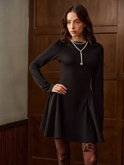 COMMENSE Plain Long Sleeve Pleated Short Dress* Dresses