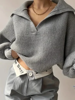 COMMENSE Plain Loose Lapel Sweater* Sweater Tops|Sweaters & Cardigans