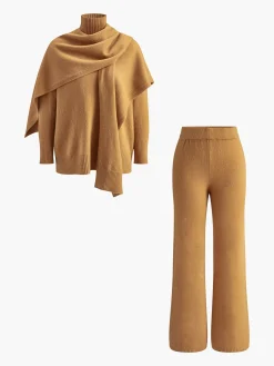COMMENSE Plain Mock Neck Three-Piece Sweater Pants Set* Knitwear|Tops