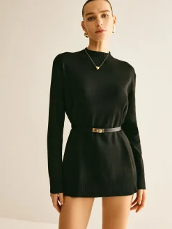 COMMENSE Plain Mock Neck Versatile Belted Sweater* Sweater Tops|Sweaters & Cardigans