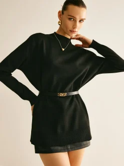 COMMENSE Plain Mock Neck Versatile Belted Sweater* Sweater Tops|Sweaters & Cardigans